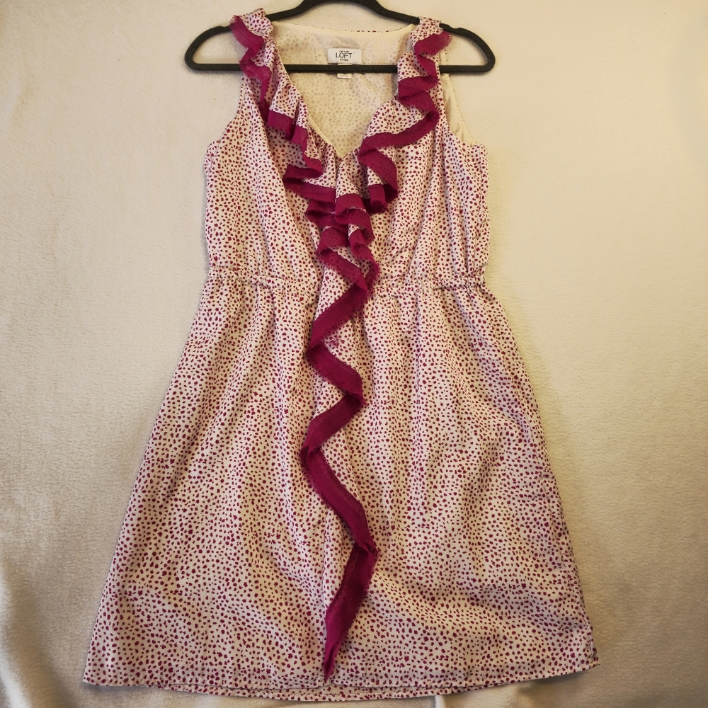 Ann Taylor LOFT Dress With Purple Spots And Ruffle In Front Sleeveless Size MP